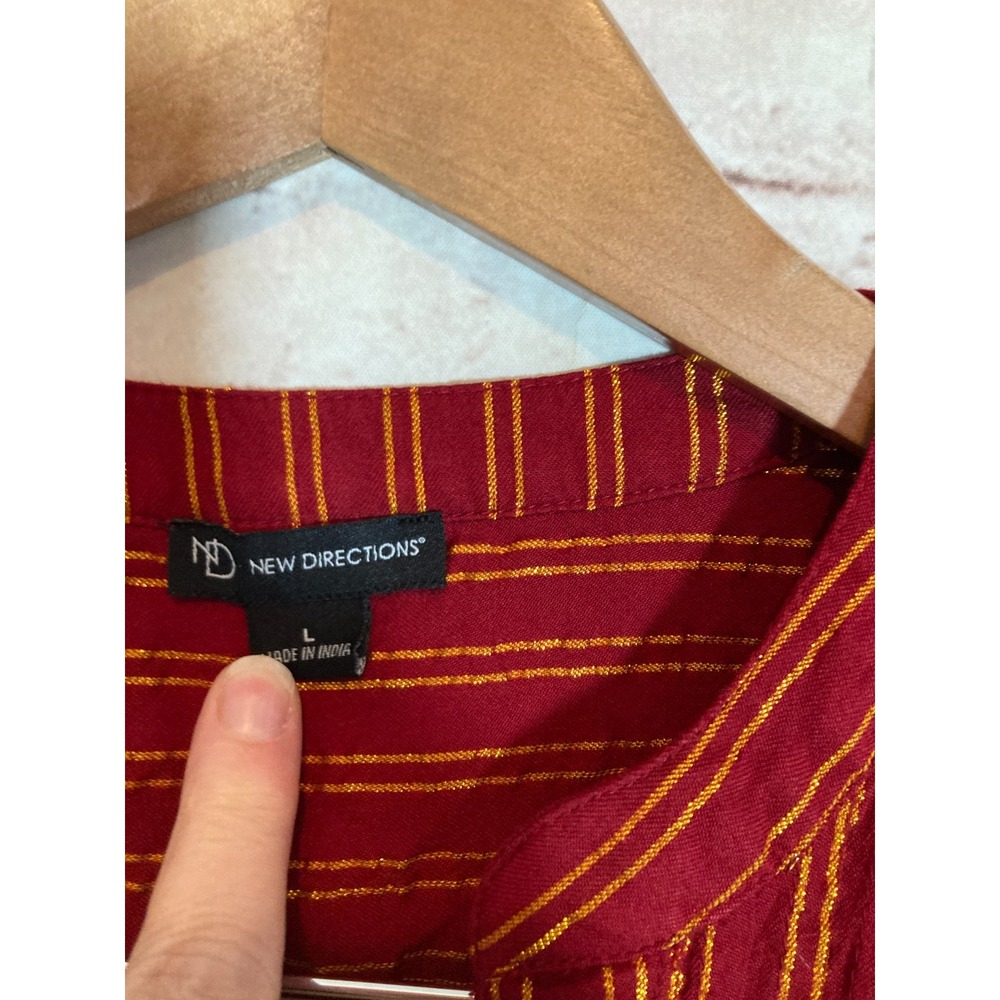 New Directions Babydoll Top Womens Large Maroon & Gold Glitter Striped Popover - Picture 3 of 13